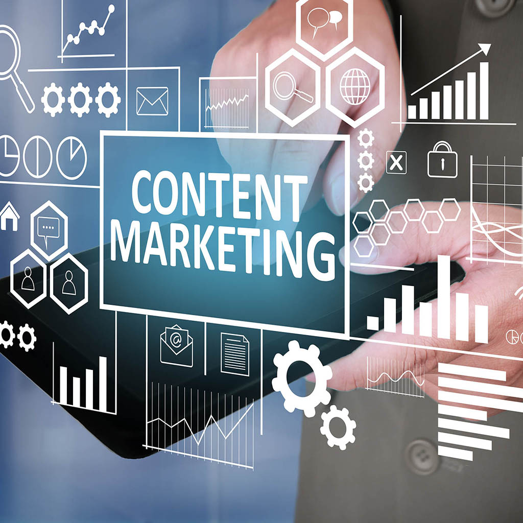 Business Concept. Businessman click content marketing button on his tablet. Goals Text typography design